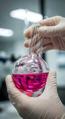 Scientist carefully pouring pink liquid into a glass flask in a laboratory setting