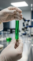Scientist holding a test tube with green liquid in a laboratory setting