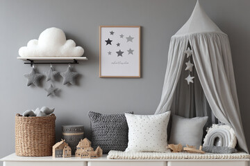 Modern neutral nursery decor featuring a cloud shelf star art and a canopy