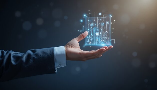 Business hand presenting a holographic smart city architecture with connected networks - Powered by Adobe
