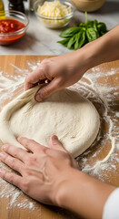 Hands shaping pizza dough on a floured surface with ingredients nearby
