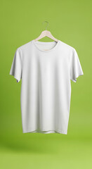 A white t-shirt hanging from a hanger against a green background