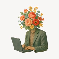 Fototapeta premium Surreal floral-headed person typing.