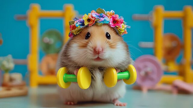 A cute hamster wearing a flower crown and holding tiny dumbbells, ready for a workout.