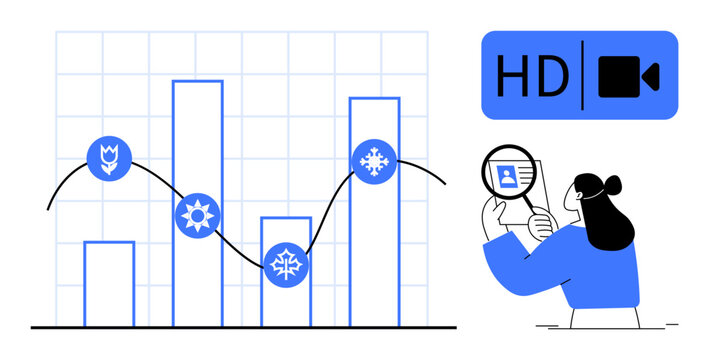 Data analysis concept. Data analysis ed with a graph and symbols showing trends. Data ensures accuracy in video quality and insights. For tech, business, analytics, education, and marketing