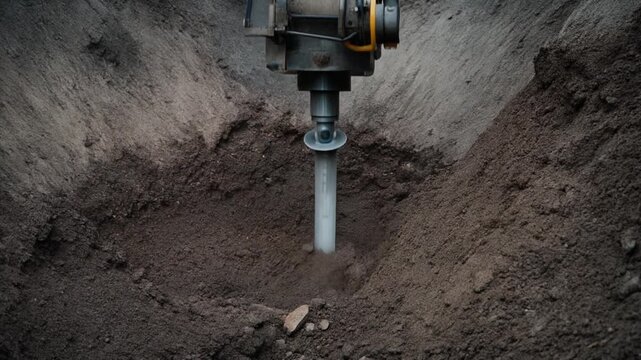 Industrial drill pulverizes earth, sending sparks flying in intense excavation