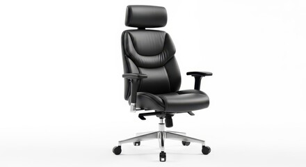 Ergonomic executive rolling chair upholstered in black material stands isolated on a white background