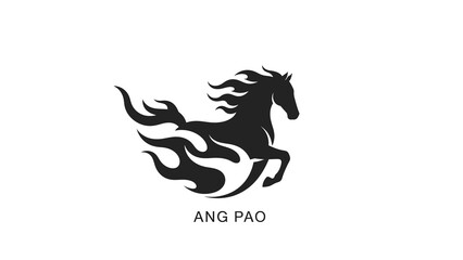Black silhouette of a Fire Horse with flowing mane and tail, surrounded by flames, with the text 'ANG PAO' below, on a white background, conveying a dynamic and festive mood for Chinese New © NanzZ