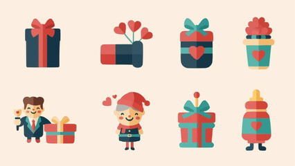 Collection of cartoon gift boxes and characters celebrating love.