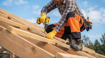 Construction worker carpenter roof drill wood safety tool outdoor focused builder fixing wooden roof frame