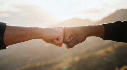 Fist bump friendship teamwork unity support success motivation outdoor sunset