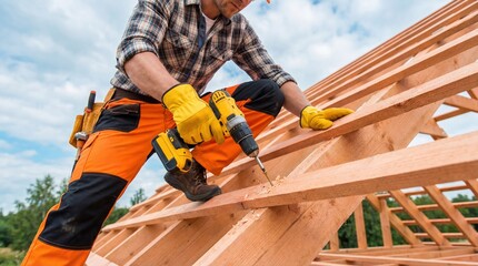 Construction worker roofer drill wooden beam roof frame work glove power tool safety carpentry builder wood screw roof