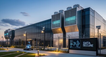 Modern, secure digital infrastructure facility illuminated during twilight hours with an autonomous security unit patrolling the perimeter
