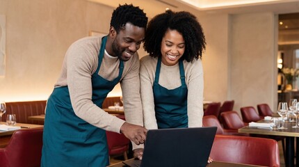 Restaurant staff teamwork, smiling coworker, laptop, apron, casual uniform, dining table cheerful collaboration