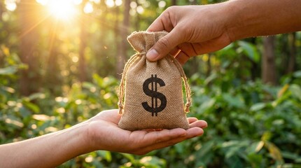 Money bag hand give nature background finance concept