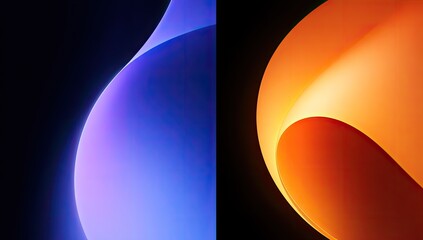 A vibrant abstract diptych curved illuminated shapes in cool blue and fiery orange against black