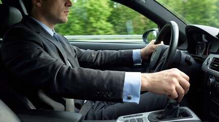 Businessman driving car manual gear control safe focus