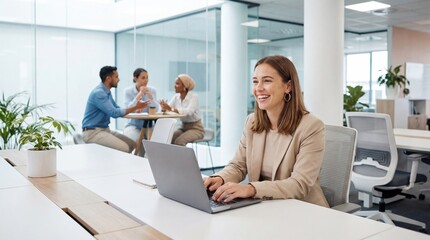 Happy businesswoman laptop office, modern workplace, diverse team meeting background