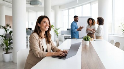Businesswoman office laptop workspace teamwork meeting modern professional smiling corporate coworker collaboration startup