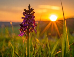 A vibrant purple wildflower in a field at sunset, with golden rays
