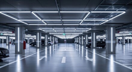 Modern subterranean vehicle storage facility illuminated by bright linear ceiling fixtures