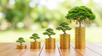 Money growth, investment, finance, saving, profit, success concept tree growing from gold coin stack