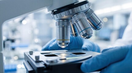 Closeup laboratory microscope lens research analysis detail