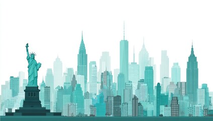 Obraz premium Silhouette of a famous city skyline with the Statue of Liberty in teal against a white backdrop