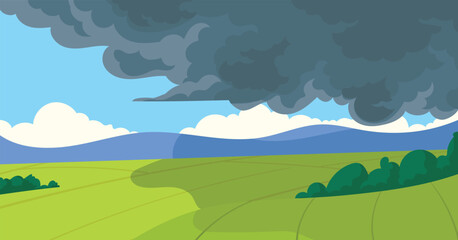 Obraz premium Sky before storm, green field with thundering black clouds