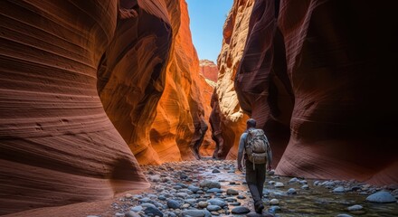 Solo hiker traverses a narrow slot canyon with towering, layered sandstone walls