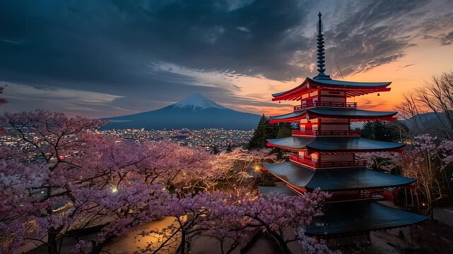 A peaceful night and sunset view of traditional Japanese and Chinese temples with pagoda architecture surrounded by nature and cultural heritage in Asia