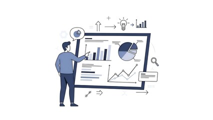 A man presenting data analysis on a large screen with various graphs and charts
