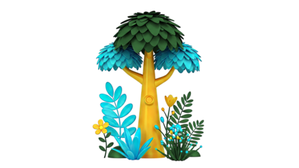 Stylized Tree with Blue and Black Foliage and Orange Accents