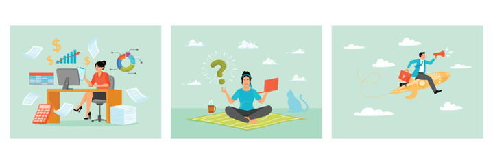 Finance or accounting document. Woman Meditating on Yoga Mat Outdoors. Marketing message.