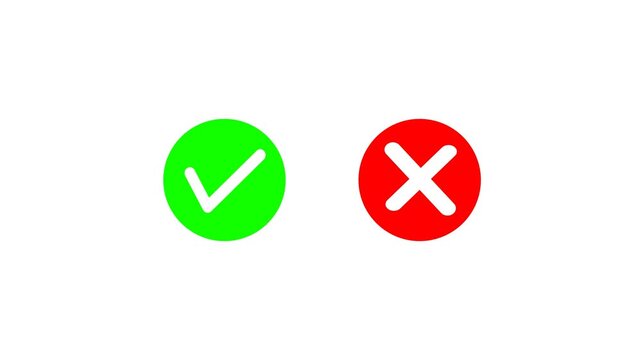 Animated green check red cross icons for approval and rejection, clean modern style for user interfaces, tutorials and presentations. Loop motion graphic in 4K alpha,transparent background