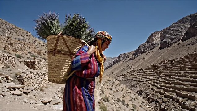 Traditional Himalayan woman carrying basket through rugged mountain terrain