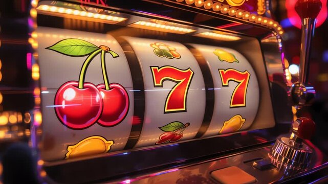 Lucky Sevens: A vibrant slot machine showcases gleaming reels displaying cherries and lucky sevens. Capturing the exciting world of chance and the allure of potential rewards