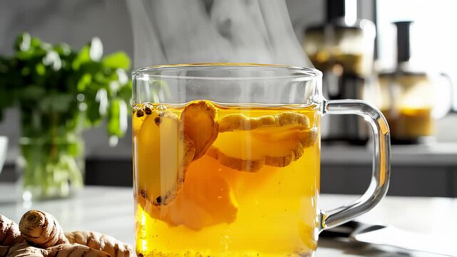 Fresh Turmeric Tea Steaming in a Glass Mug on the Counter