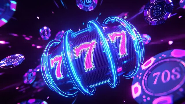 Neon Jackpot: A vibrant slot machine, adorned with glowing neon lights, spins towards a winning combination of lucky sevens, promising potential rewards and excitement.
