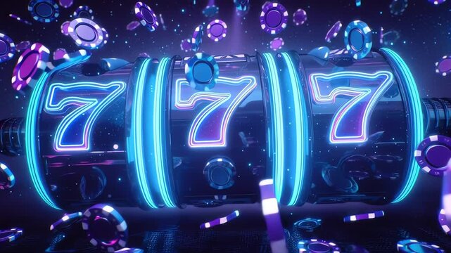 Lucky 7s: A Neon Casino Delight: The iconic 777 lights up a neon slot machine, with casino chips swirling around, signifying luck and potential winnings, beckoning thrill-seekers to try their fortune.