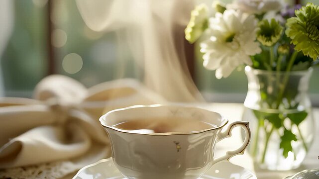 Cup Steams With Morning Tea Near Vase in Warm, Bright Setting