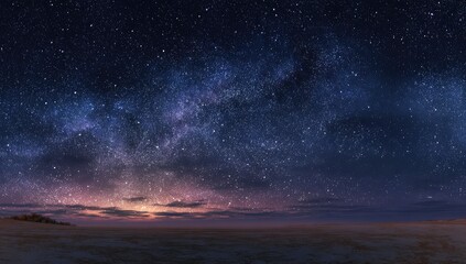 Panoramic view of a starry night sky over a vast, open landscape with a horizon