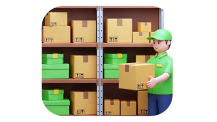 Delivery Man Holding Box in Warehouse with Shelves of Packages