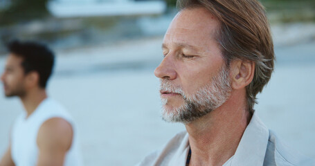 Men, breathing and meditation for mindfulness, beach and routine for peace, break and stress...