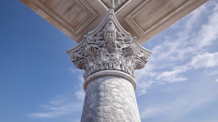 Detailed View of Ornate Corinthian Column Under a Dramatic Blue Sky with Wispy Clouds