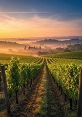 Fototapeta premium Rows of grapevines stretch toward a distant, fog-shrouded countryside at sunrise.