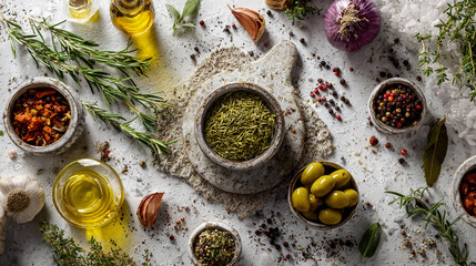 Overhead View of Mediterranean Spices, Fresh Herbs, Olives, and Garlic on a White Surface