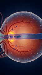 Detailed three dimensional rendering of human eyeball cross section illustrating the intricate internal anatomy, featuring delicate retinal blood vessels and optic nerve, highlighting a pathological