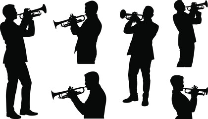 Black silhouette collection of professional trumpet players and jazz musicians performing in various standing poses for musical events, concerts, and artistic design © OMAR Creations