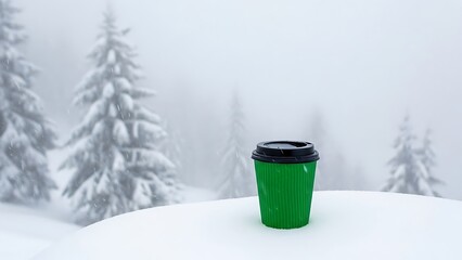 Green disposable coffee cup on snowy table with snow covered trees in background